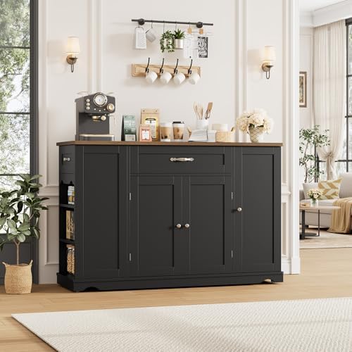 HOSTACK 47" W Kitchen Island Cart with Storage, Rolling Island Table, Black - Image 2