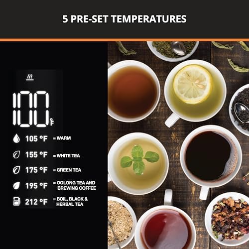 KRUPS Smart Temp Electric Kettle: 1.7L Capacity, 5 Precise Temperature Settings, Digital Display, Cool-Touch Exterior, Cordless Design for Tea and Coffee Lovers - Image 4