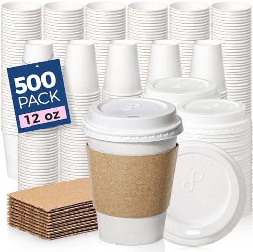 Fit Meal Prep 500 Pack 12 oz Disposable Coffee Cups with Lids, Sleeves, Leak-Proof To Go Coffee Cups with Lids, Durable Hot Paper Cups for Hot Cocoa and Coffee Bar Supplies by FMPBRANDS