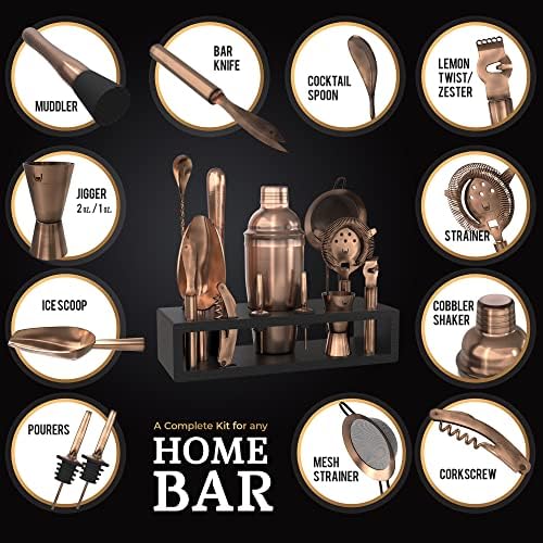 Highball & Chaser Bartender Kit with Espresso Bamboo Stand. Beautiful Cobbler Cocktail Shaker Set with Bar Tools Rustproof Stainless Steel Bar Set (Antique Copper) - Image 3