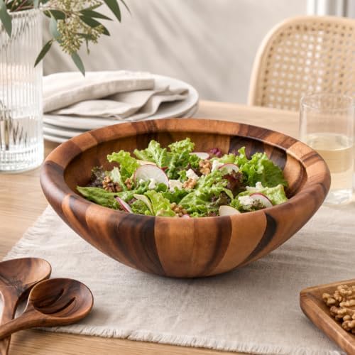 Arthur Court Acacia Wood Salad Bowl - Modern Wavy Design for Fruits and Salads - 6" Tall, 16" Diameter - Image 5