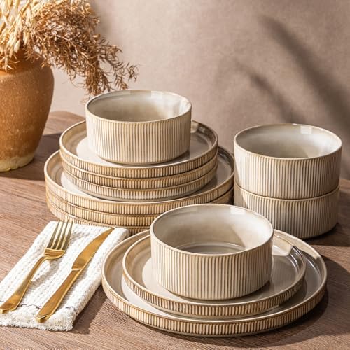 GBHOME Stoneware Dinnerware Sets for 4,12-Piece Plates and Bowls Set by GBhome