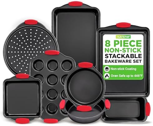 NutriChef Non-Stick Kitchen Oven Baking Pans-Deluxe & Stylish Nonstick Gray Coating Inside Outside, Commercial Grade Restaurant Quality Metal Bakeware with Red Silicone Handles NCSBS8S, 8 Piece Set by NutriChef%E2%84%A2Kitchen