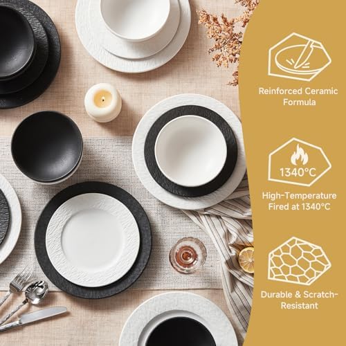 Black Dinnerware Sets, 12-Piece plates and bowls sets, Matte Marble - Image 7