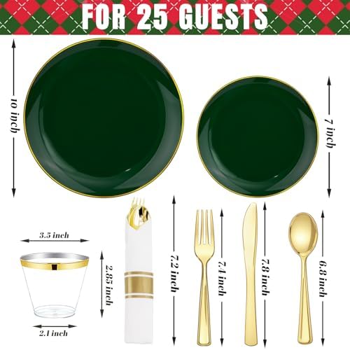 KIRE 175PCS Green Plastic Plates with Gold Rim - Heavy Duty Green Plates Disposable Include 50 Fancy Plastic Plate, 25Pre Rolled Napkins 25 Cups For Party/Wedding/Christmas - Image 2