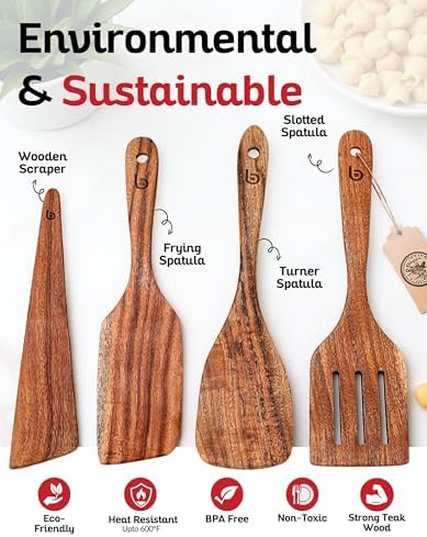 Professional 4-Piece Teak Wood Spurtle Set for Cooking, Precision-Crafted Wooden Utensil Set with Slotted Turner, Frying Spatula, Scraper, Nonstick Safe Wood Kitchen Tools for Stirring & Serving - Image 5