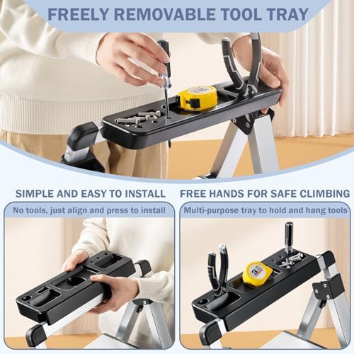 XinSunho 3 Step Ladder, Aluminum Folding Stool with Retractable Handgrip - Image 2