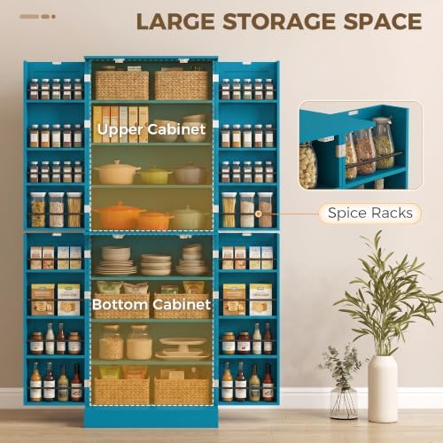 HOMCOM 65" Kitchen Pantry Storage Cabinet 16 Door Shelves Blue - Image 4