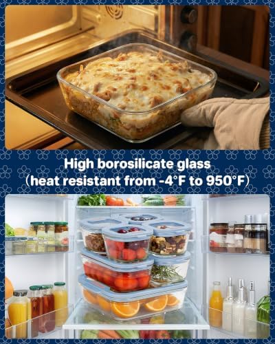 1-Pack Glass Food Storage Containers with Tempered Lids, 5.7Cup Borosilicate Glass Meal Prep Containers, Airtight & Oven-Safe (-4°F~950°F), BPA-Free, （Light blue） - Image 4