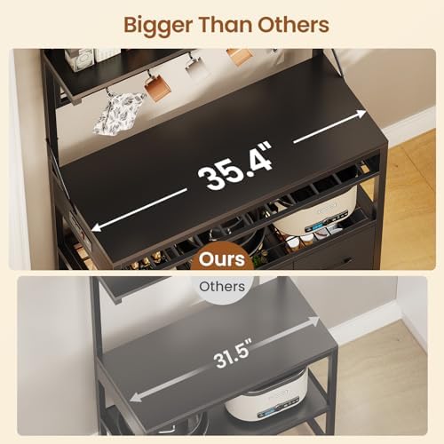 Itaar Bakers Rack with Storage and Power Outlet, 35.4 inch Coffee Bar Cabinet, Microwave Stand Kitchen Cabinet with Hutch, LED Lights, Wine Rack and Hooks (Black) - Image 6