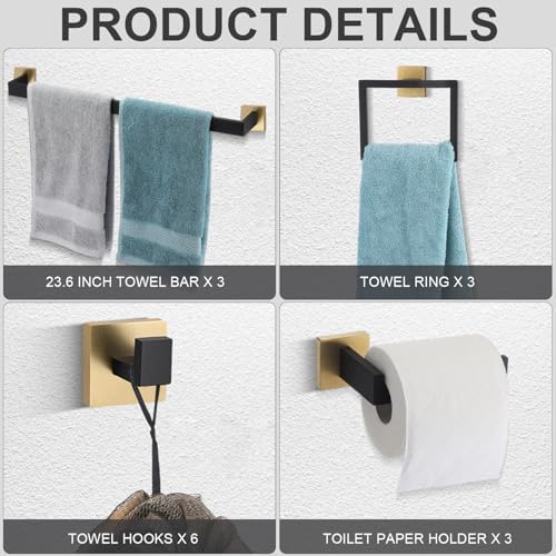 15 Pcs Black Gold Bathroom Hardware Accessories Bath Towel Bar Set - Image 3