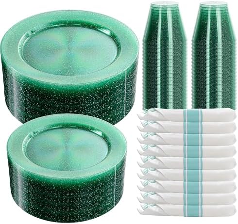 DaYammi 350PCS Green Glitter Plastic Dinnerware Set for 50 Guests by DaYammiwillaccompanyyou