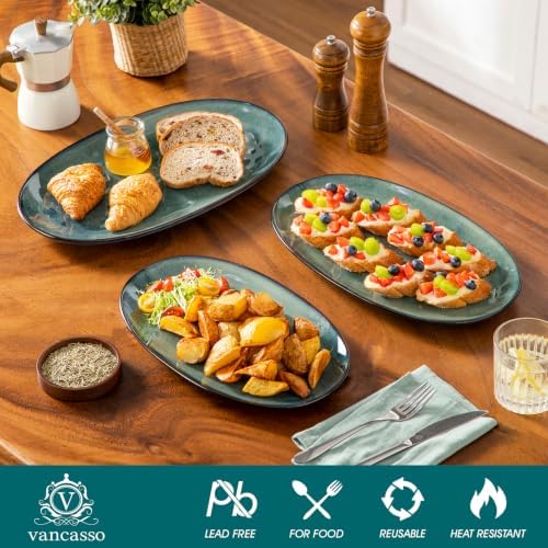 vancasso Ceramic Serving Platters Set of 3, Oval 16/14.7/13.5 Inch Stoneware Serving Dishes for Entertaining, Microwave Safe Serving Trays for Food, Turkey, Cheese, Party, Reactive Glaze Green - Image 3