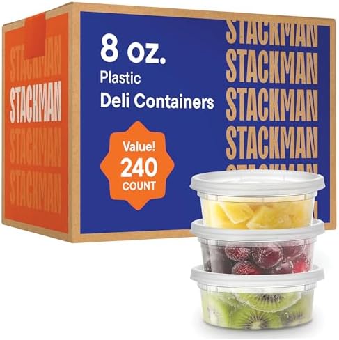 [240 Sets - 8 oz.] Clear Plastic Containers with Airtight Lids - Deli Food Storage, Slime, and More - Bulk Pack - Small Containers with Lids - 240/Case - Stack Man Brand by StackMan