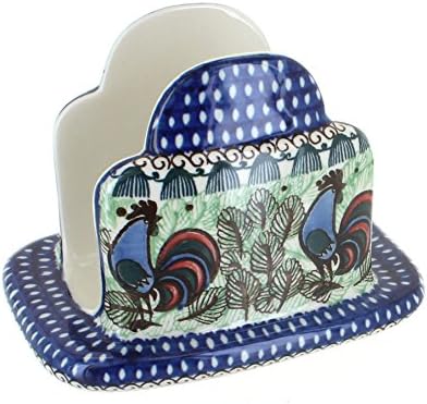 Blue Rose Polish Pottery - Blue Rooster Row Napkin Holder - 5" x 6.5" - Ceramic Napkin Holders, Decorative Dining Table Accessories by BlueRosePottery