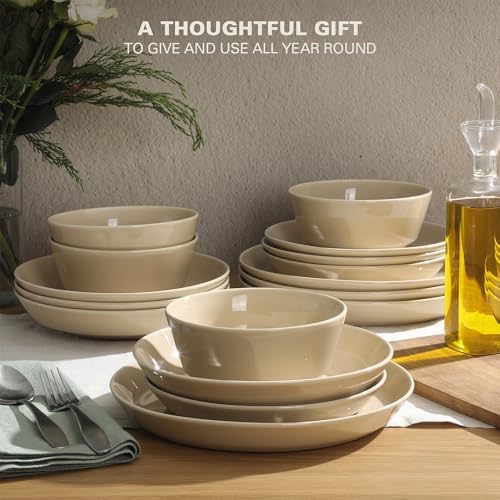 Gibson Home Summer Shades 16 Piece Plates and Bowls Dishes Service for 4 Porcelain Dinnerware Set - Taupe - Image 4