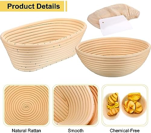 Geetery 6 Pack Bread Banneton Proofing Baskets 10 Inch Oval and 9 Inch Round Rattan Sourdough Baskets Dough Proofing Bowls with Liners and Dough Scraper for Home Sourdough Bread Baking Supplies - Image 6
