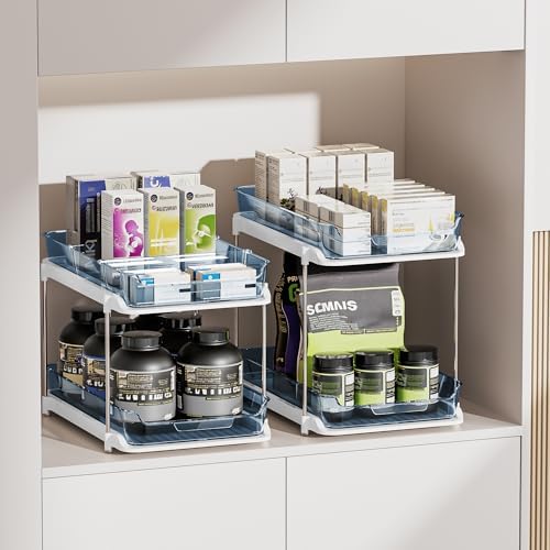 Delamu 2-Tier Multi-Purpose Bathroom Under Sink Organizers and Storage, Stackable Kitchen Pantry Organization, Pull Out Medicine Cabinet Organizer with Movable Dividers, Blue, 2 Pack - Image 6