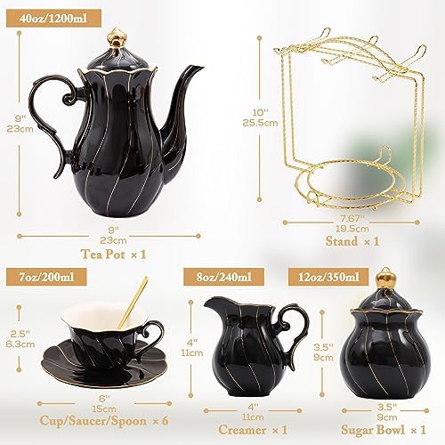 DUJUST 22 pcs Porcelain Tea Set for 6, Luxury British Style Tea/Coffee Cup Set with Golden Trim, Beautiful Tea Set for Women, Tea Party Set, Gift Package (Including a Stand) - Black - Image 5