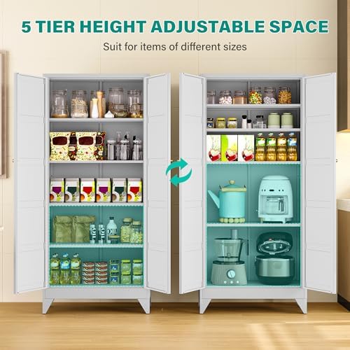 SISESOL Wide & Deep Pantry Storage Cabinet with 2 Doors and 5 Shelves,72 inch Tall Metal Storage Cabinet,Large Cupboard,White Cabinets for Home,Kitchen,Bathroom,Dining/Living Room - Image 5