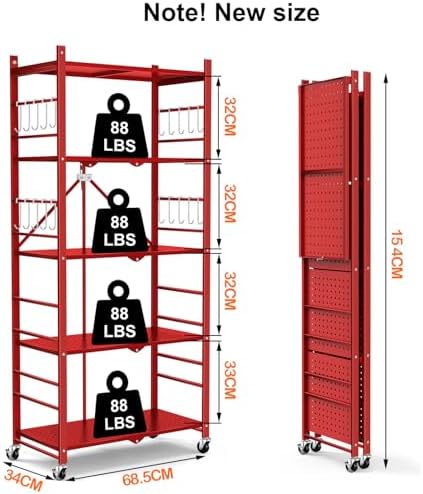 Himix 5-Tier Foldable Storage Shelf 20 Hooks Wheels Garage Red No Assembly - Image 3