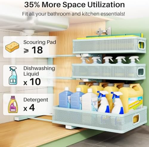Under Sink Organizer, 1-Pack 3-Tier Height Adjustable Thickened Metal Pull out Cabinet Organizer Shelf, Slide out Storage Drawer Rack for Bathroom Kitchen Pantry Home Organization, LightBlue - Image 4