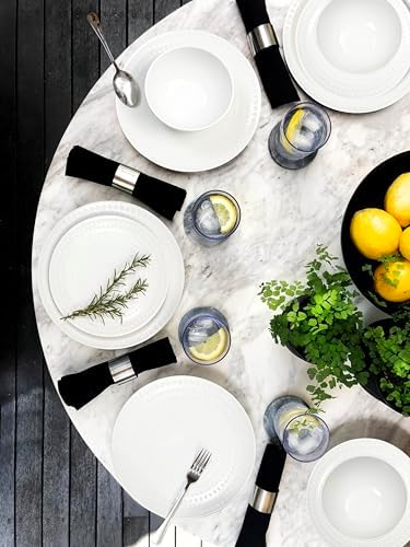 BZYOO Ceramic Dinnerware Set Serive for 4 (12 Pieces), Stoneware Plates and Bowls for Dining Pearl White Dishes Set With DOTDOT Design, Microwave Safe (12 PCS Dishes and Bow set, Bijou Collection) - Image 4