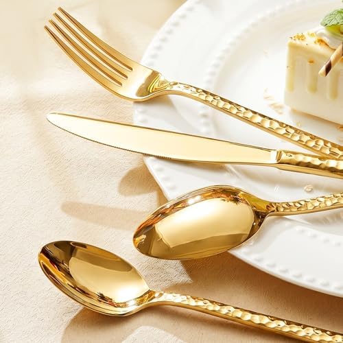 60 Piece Gold Silverware Set,18/10 Stainless Steel Hammered Flatware for 12 - Image 6