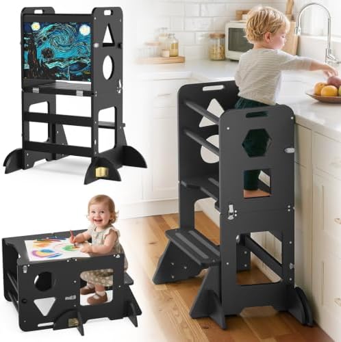 Toddler Standing Tower Anti-Tip Wooden Kitchen Step Stool，Black by KidzWerksPremiumMontessoriChildStandingTowersStepStools
