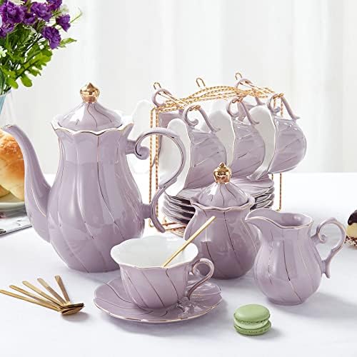 DUJUST 22 pcs Porcelain Tea Set for 6, Luxury British Style Tea/Coffee Cup Set with Golden Trim, Beautiful Tea Set for Women, Tea Party Set, Gift Package (With a Stand) - Purple by DUJUST