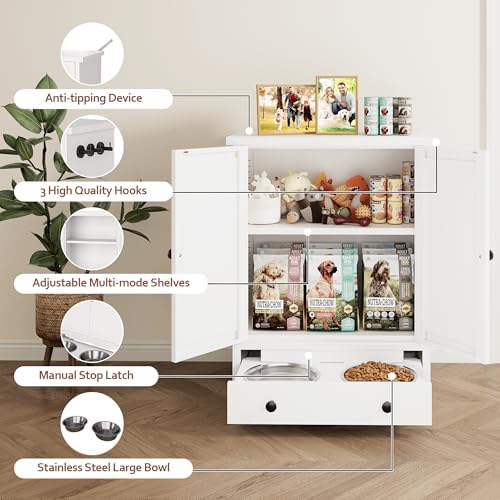 Dog Feeding Station with Storage, Metal Dog Food Storage Cabinet with 2 Elevated Bowls and 3 Hooks, Pet Feeding Station and Dogs Food Storage Organizer - Image 5