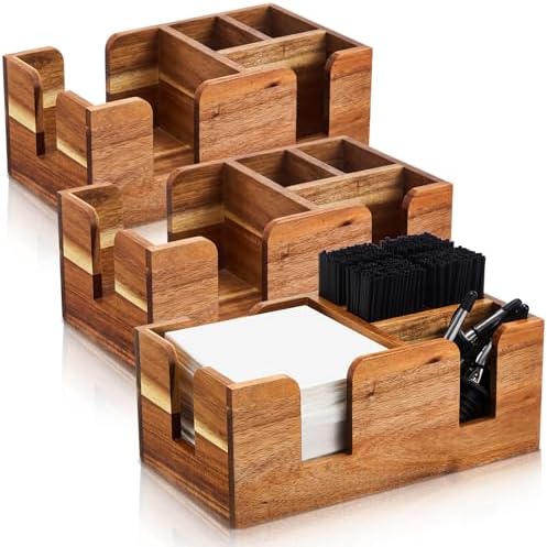 Mifoci 3 Pcs Wooden Bar Caddy, Acacia Wood Napkin & Straw Holder Organizer by Mifoci