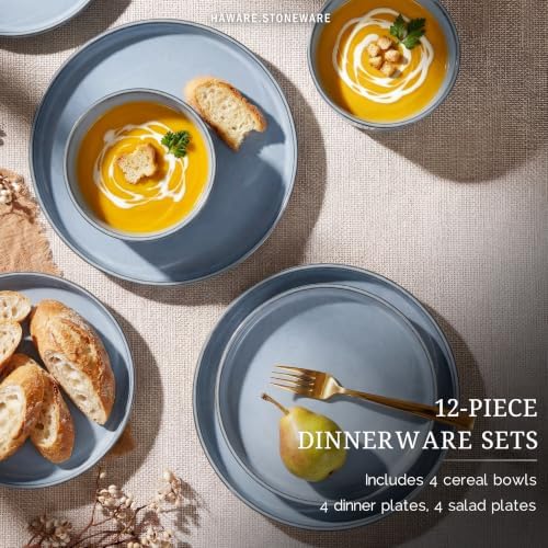 HaWare Dinnerware Sets, Plates and Bowls Set for 4, Reactive Mist Blue - Image 3