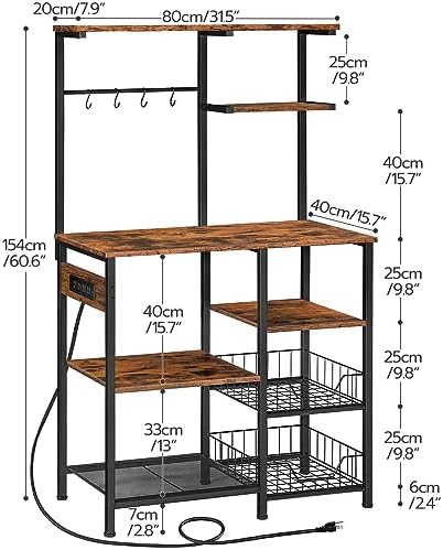 HOOBRO Large Bakers Rack with Power Outlets, 6-Tier Microwave Stand with 4 Hooks, Coffee Bar, Kitchen Shelf with Wire Basket, for Kitchen, Living Room, Office, Rustic Brown and Black BF64UHB01 - Image 3