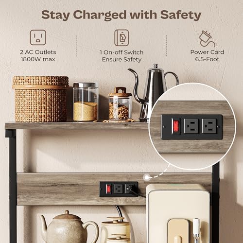 SUPERJARE Kitchen Bakers Rack with Power Outlet, Coffee Bar Table 4 Tiers, Kitchen Microwave Stand with 6 S-shaped Hooks, Kitchen Storage Shelf Rack for Spices, Pots and Pans - Greige - Image 3