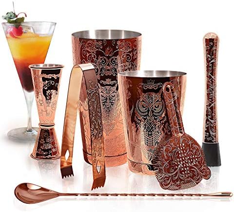Sky Fish Bartender Kit Cocktail Shaker Set-6 Pieces Stainless Steel Copper Plated Etching Bar Tools with Boston Shaker Tins,Mixing Spoon,Mojito Muddler,Jigger,Hawthorne Strainer,Ice Tongs by SKYFISH