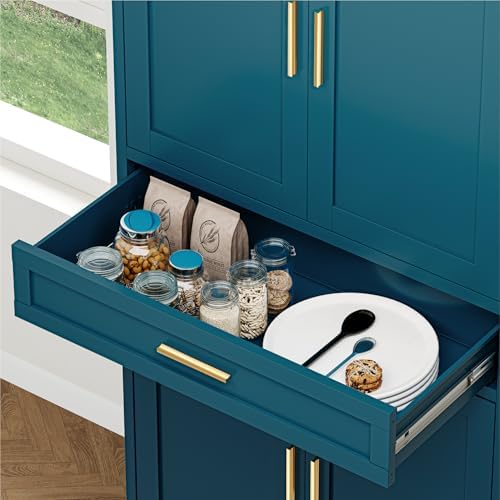 YAUWOH 71''Tall Kitchen Pantry Cabinet with Drawer,6-Tiers Metal Pantry Storage Cabinet with 4 Adjustable Shelves and 4 Barn Doors, Freestanding Farmhouse Food Cupboard for Dining Room (1PC,Blue) - Image 7