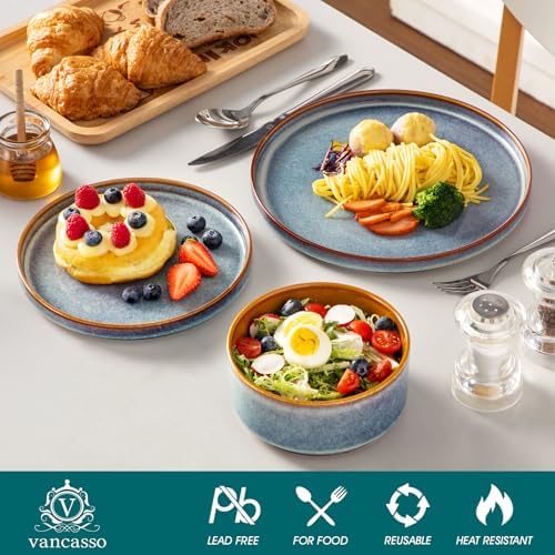 vancasso ONION Ceramic Plates and Bowls Sets, 24 Pieces Blue Dinnerware Sets for Kitchen, Reactive Glaze Dishes Set for 8, Dishwasher and Microwave Safe - Image 3