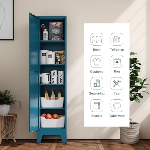 YAUWOH Narrow Metal Storage Cabinet, Tall Freestanding Cabinet with 4 Adjustable Shelves & Barn Doors, Pantry Organizer for Bathroom Kitchen Home Office Dining Room（1PC,Blue - Image 6