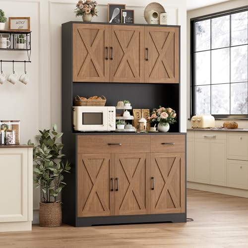 HOSTACK 71"H Kitchen Pantry Storage Cabinet, Farmhouse Hutch Cabinet, Brown - Image 2