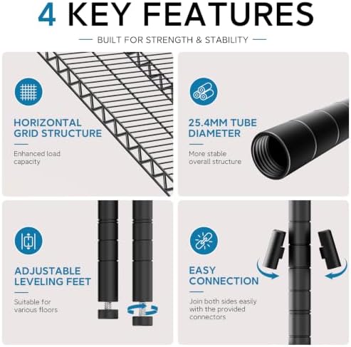 IZEUK Heavy Duty 5-Tier Wire Shelf, Industrial Black Metal Shelving Rack - Image 4