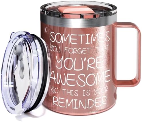 Inspirational Coffee Mug for Women, 12oz Insulated Stainless Steel Mug with Handle & 2 Lids – Sometimes You Forget You’re Awesome, Birthday & Appreciation Gift for Mom, Friend, Rose Gold by avodvo