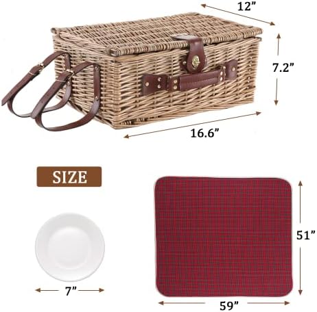 Wicker Picnic Basket for 4 with Waterproof Blanket Red Grid - Image 3
