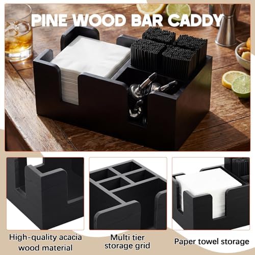 Mifoci 2 Pcs Wooden Bar Caddy, Black Pinewood Napkin Straw Holder Organizer - Image 3