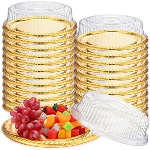 Nitial 24 Pcs Plastic Serving Trays with Lids, Round, Gold, 12 Inches by Nitial