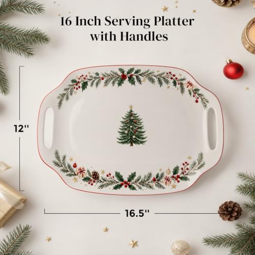 DOWAN Christmas Serving Tray with Handles - 16.5 Inch Large Ceramic Platter for Turkey, Ham & Party Food, Rectangular Serving Dish for Holiday Entertaining - Oven & Dishwasher Safe - Image 3