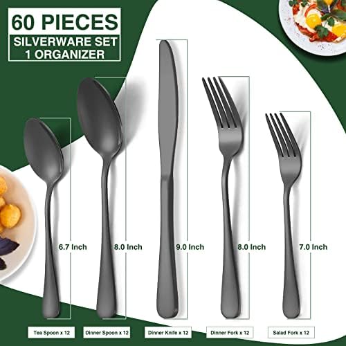 60-Piece Black Silverware Set with Organizer, AIVIKI Stainless Steel Flatware for 12, Cutlery Utensil Set for Home Restaurant, Tableware Includes Knife Fork Spoon Set, Mirror Polished - Image 2