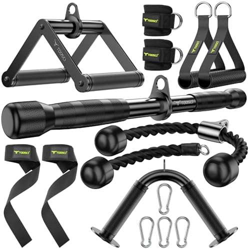 Cable Attachments for Gym, LAT Pulldown & Cable Machine Attachment Set: V-Shaped Bar, Rotating Straight Bar, V Rotation Handle, Nylon Tricep Rope, Ankle Straps & Handles, Home Gym by Toosci