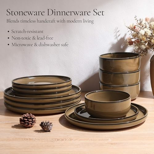 E-far Stoneware Dinnerware Sets for 6, 18 Pieces Reactive Glaze Plates and Bowls Sets, Elegant Dishes with Rustic Terracotta Clay Base, Dishwasher & Microwave Safe, Scratch Resistant, Deep Camel - Image 3