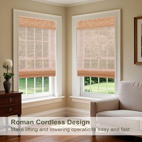 Aimnid Natural Cordless Woven Wood Shades for Windows, Light Filtering & Privacy Protection Bamboo Roman Shades, Custom Jute Bamboo Blinds with Valance for Kitchen, Indoor Windows, Patio, Serene Sand - Image 3